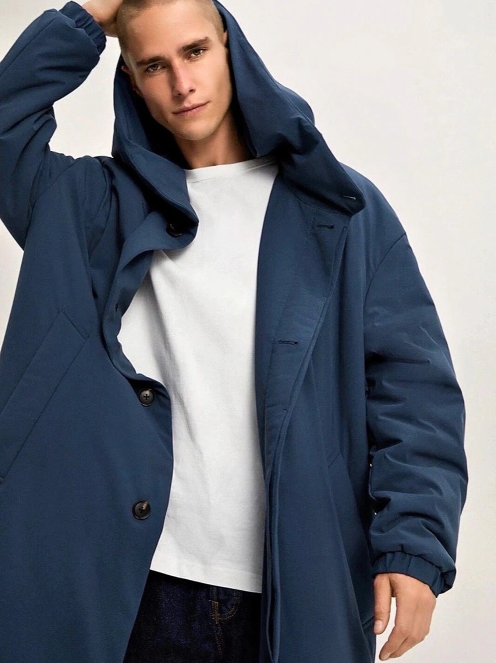Zara Men's Hooded Long Coat in Blue L